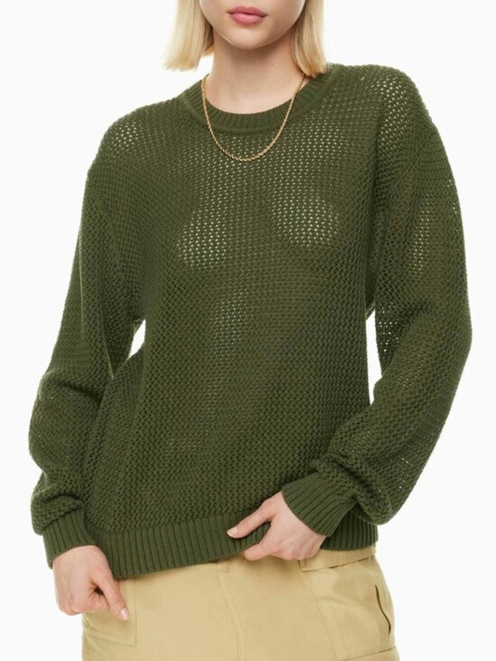 New Aritzia TNA Almeda Cotton Open Knit Sweater Olive Green XL $110
